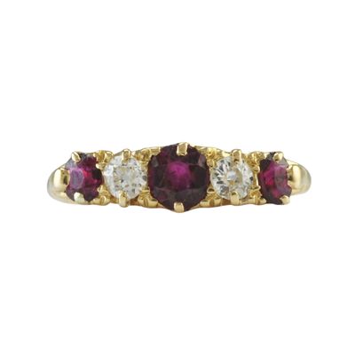 Antique 18ct Gold Ruby and Diamond Five Stone Ring
