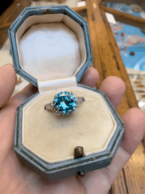 Art Deco Blue Zircon and Diamond Ring - Reserved