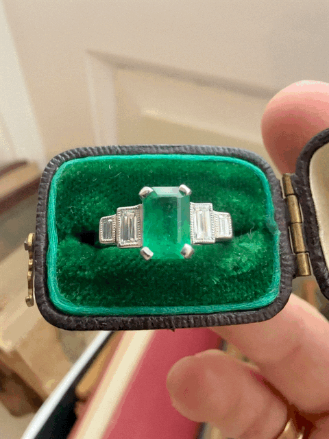 Contemporary Platinum Emerald & Diamond Ring