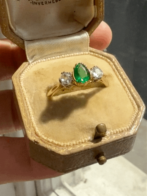 Antique 18ct Pear Cut Emerald and Diamond Ring