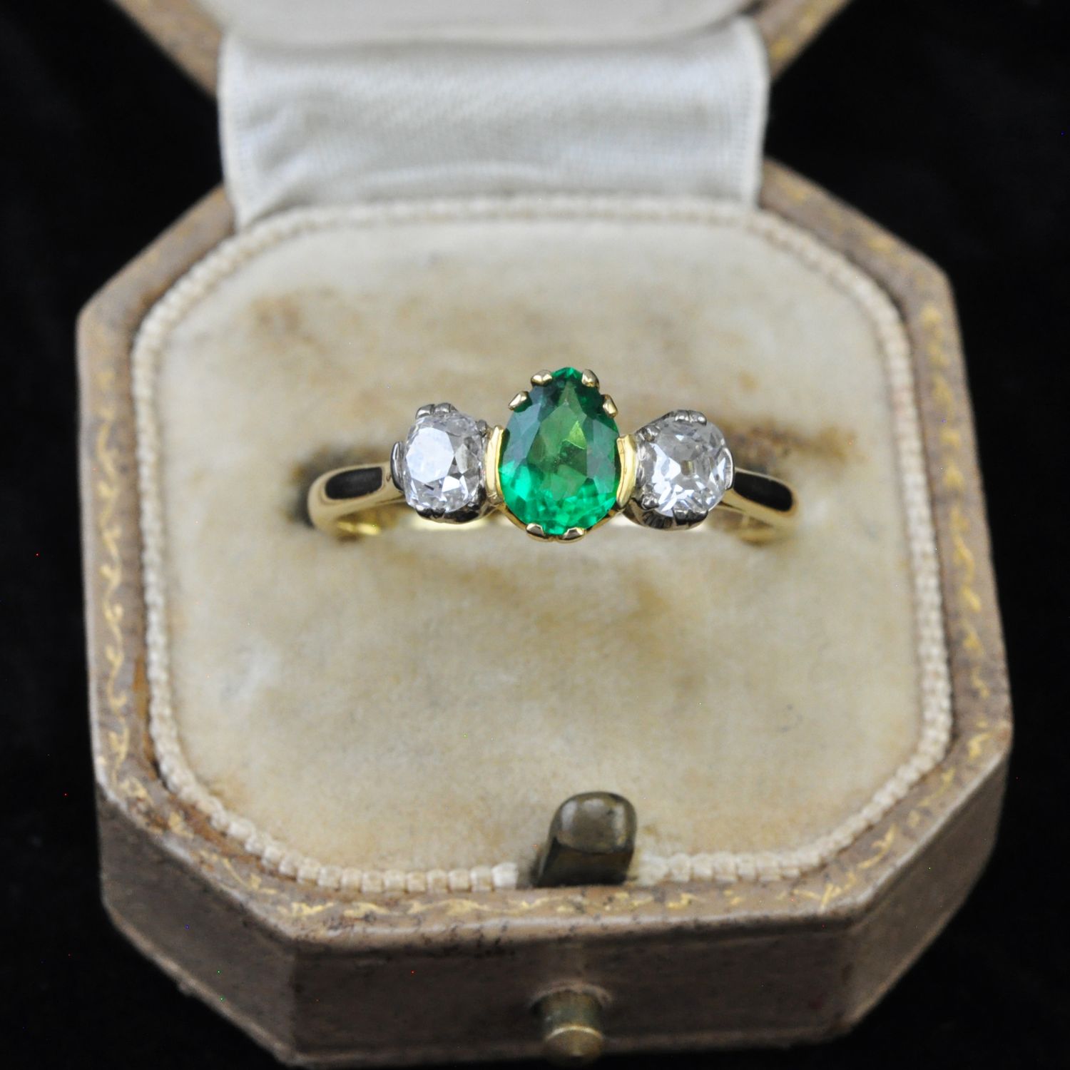 Antique 18ct Pear Cut Emerald and Diamond Ring