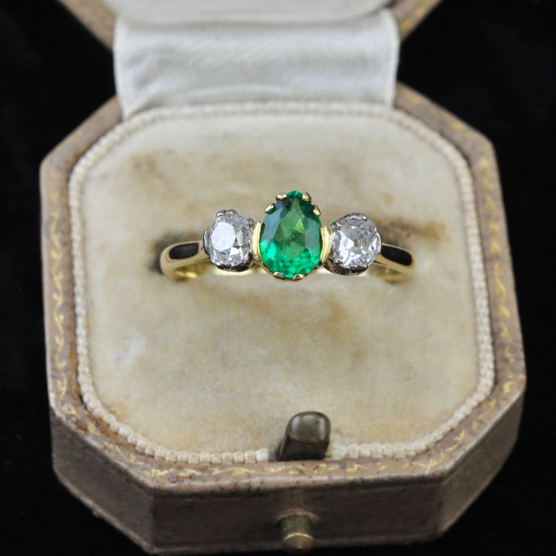 Antique 18ct Pear Cut Emerald and Diamond Ring
