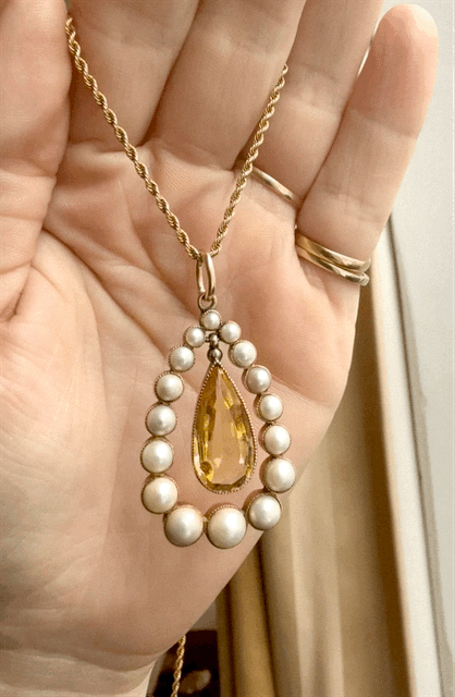 14ct Citrine and Pearl Drop Pendant
