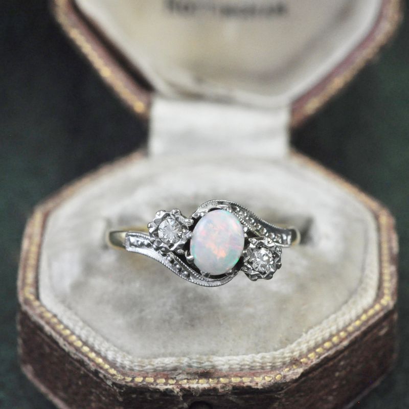 Vintage 18ct and Platinum Opal and Diamond Crossover Ring