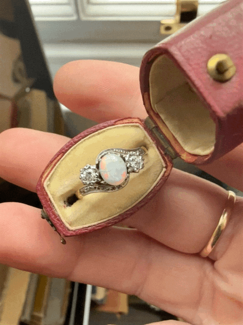 Vintage 18ct and Platinum Opal and Diamond Crossover Ring