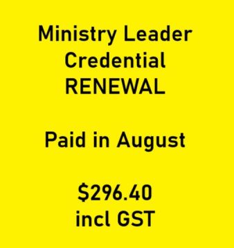 Ministry Leader Credential Renewal 2025-2026 PAID IN AUGUST incl GST