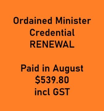 Ordained Credential Renewal Paid in AUGUST incl GST