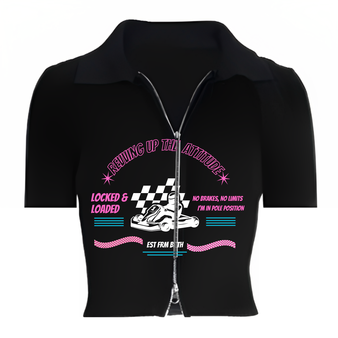 Born to Race, Destined to Win Crop Tee With Two-way Zipper