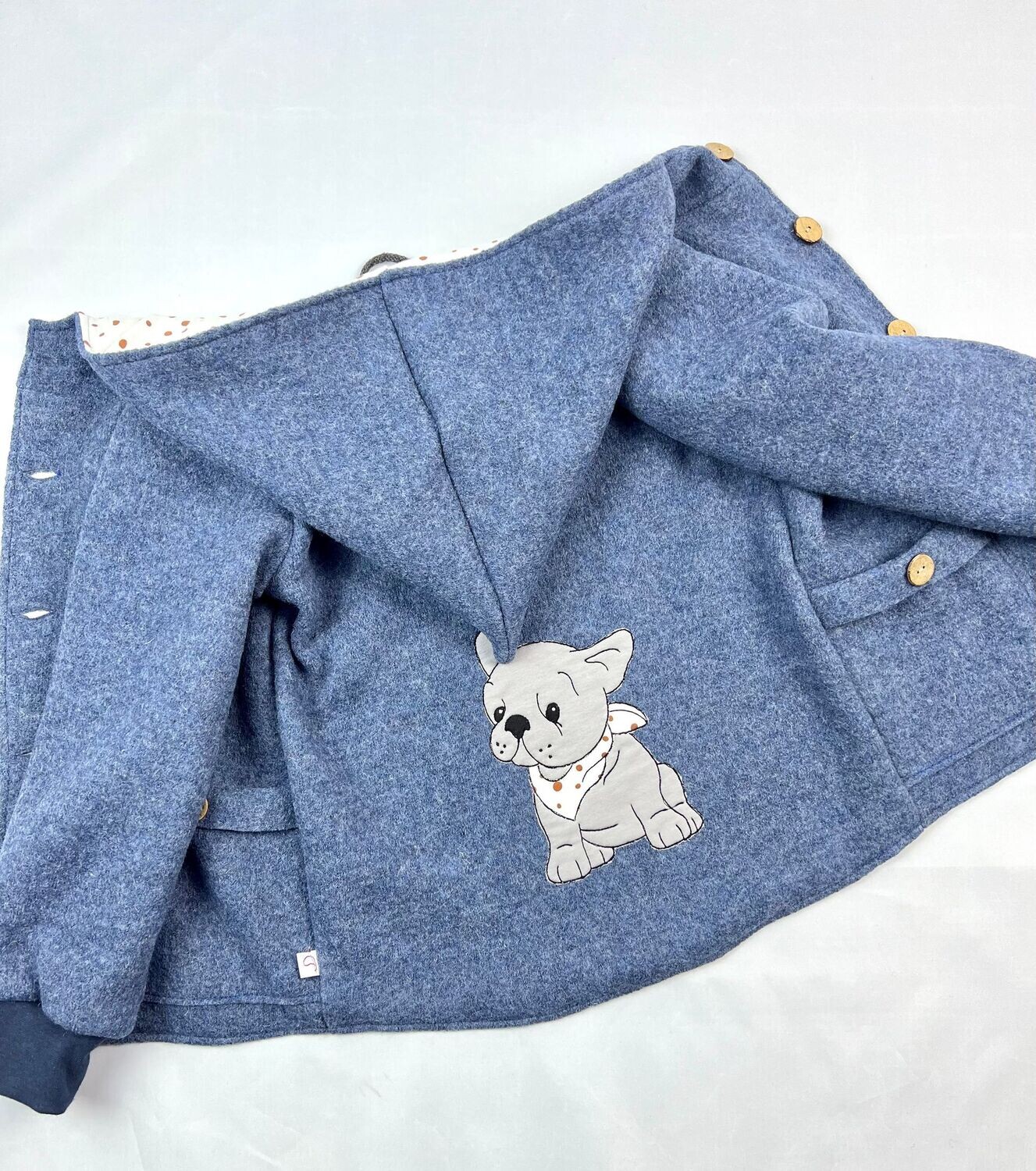 jeansblaue Walkjacke meliert mit Stickbild Bulldogge