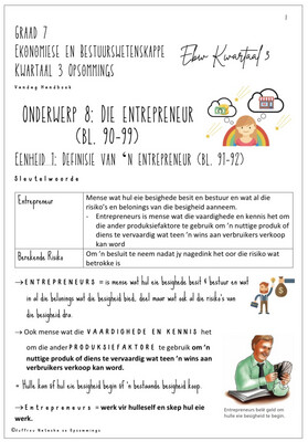 Graad 7 Ekonomiese &amp; Bestuurswetenskappe Kwartaal 3 Opsommings- Vandag Handboek