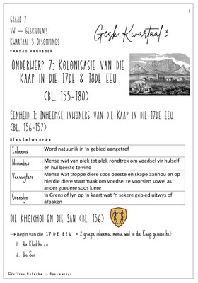 Graad 7 SW (Geografie &amp; Geskiedenis) Kwartaal 3 Opsommings - VANDAG Handboek