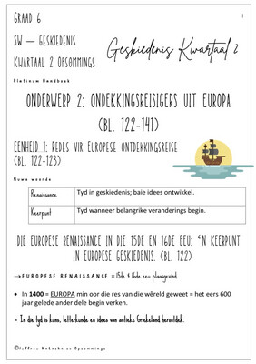 Graad 6 SW - Geskiedenis Kwartaal 2 Opsommings - Platinum Handboek
