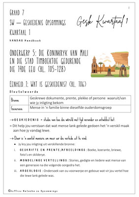 Graad 7 Geskiedenis Kwartaal 1 Opsommings - Vandag Handboek