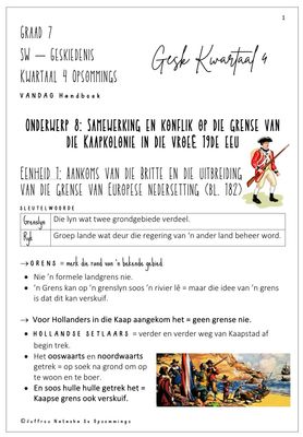 Graad 7 SW - Geskiedenis Kwartaal 4 Opsommings - Vandag Handboek