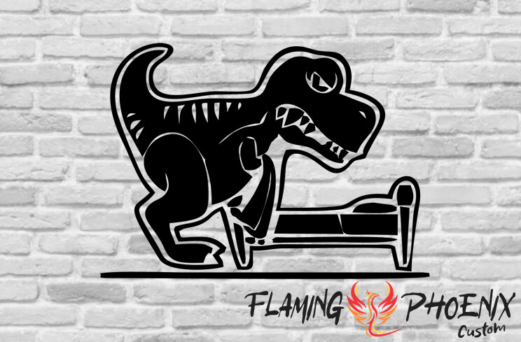 T-REX MAKING THE BED CUSTOM CAR VINYL STICKER DECAL