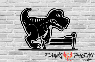 T-REX MAKING THE BED CUSTOM CAR VINYL STICKER DECAL