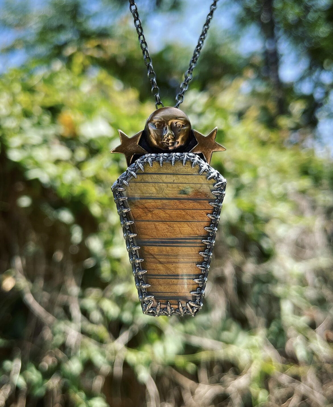 Sterling copper brass moon coffin labradorite necklace