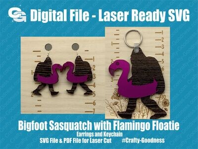 Bigfoot Sasquatch with Flamingo Floatie Earrings & Keychain - SVG Glowforge Cut File Digital Download PDF