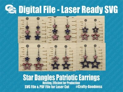 Star Dangles Patriotic Earrings - Nesting, Efficient for Production - SVG Glowforge Cut File Digital Download PDF