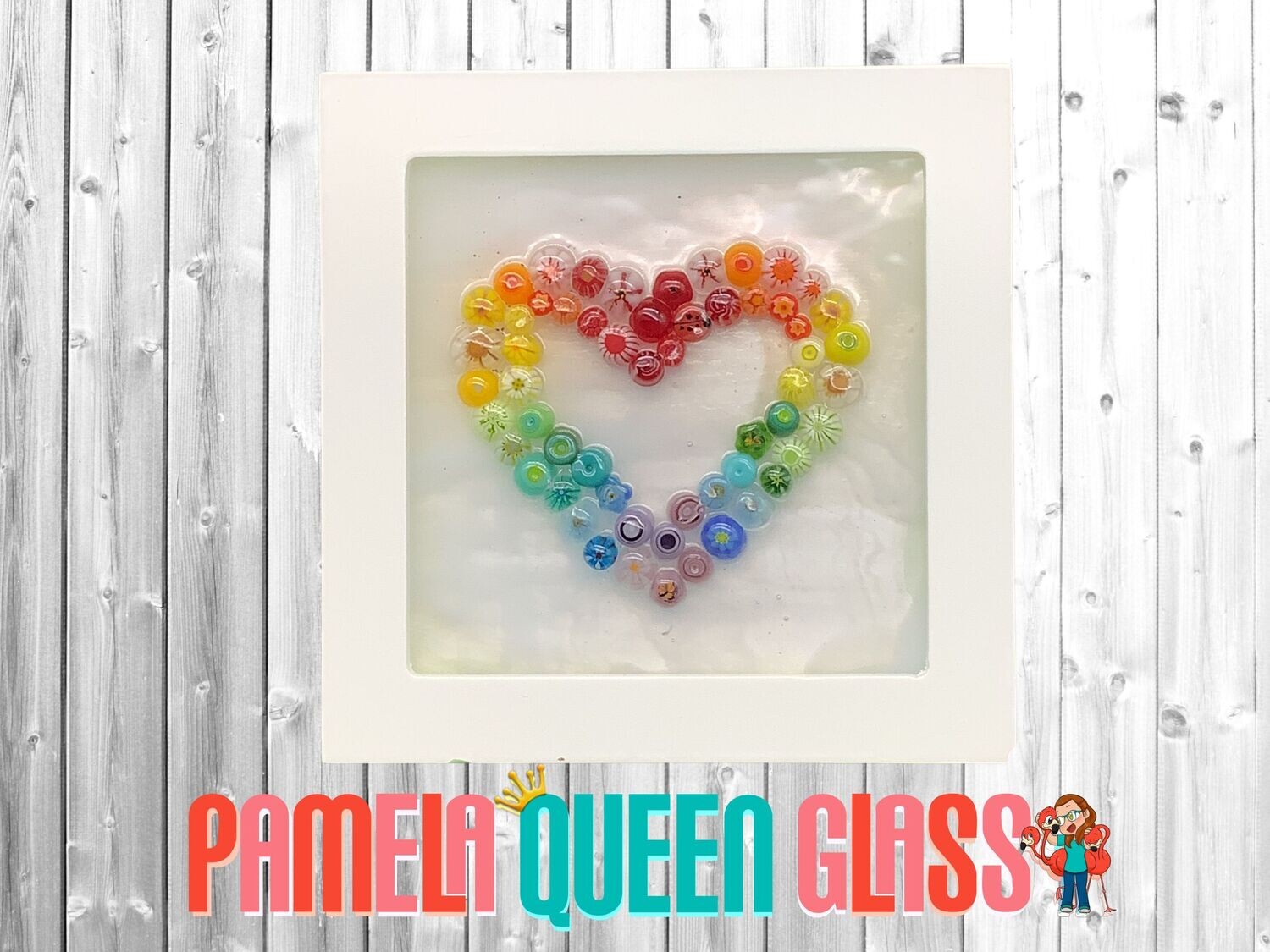 Rainbow Murrini Heart Fused Glass Framed Original Art Panel