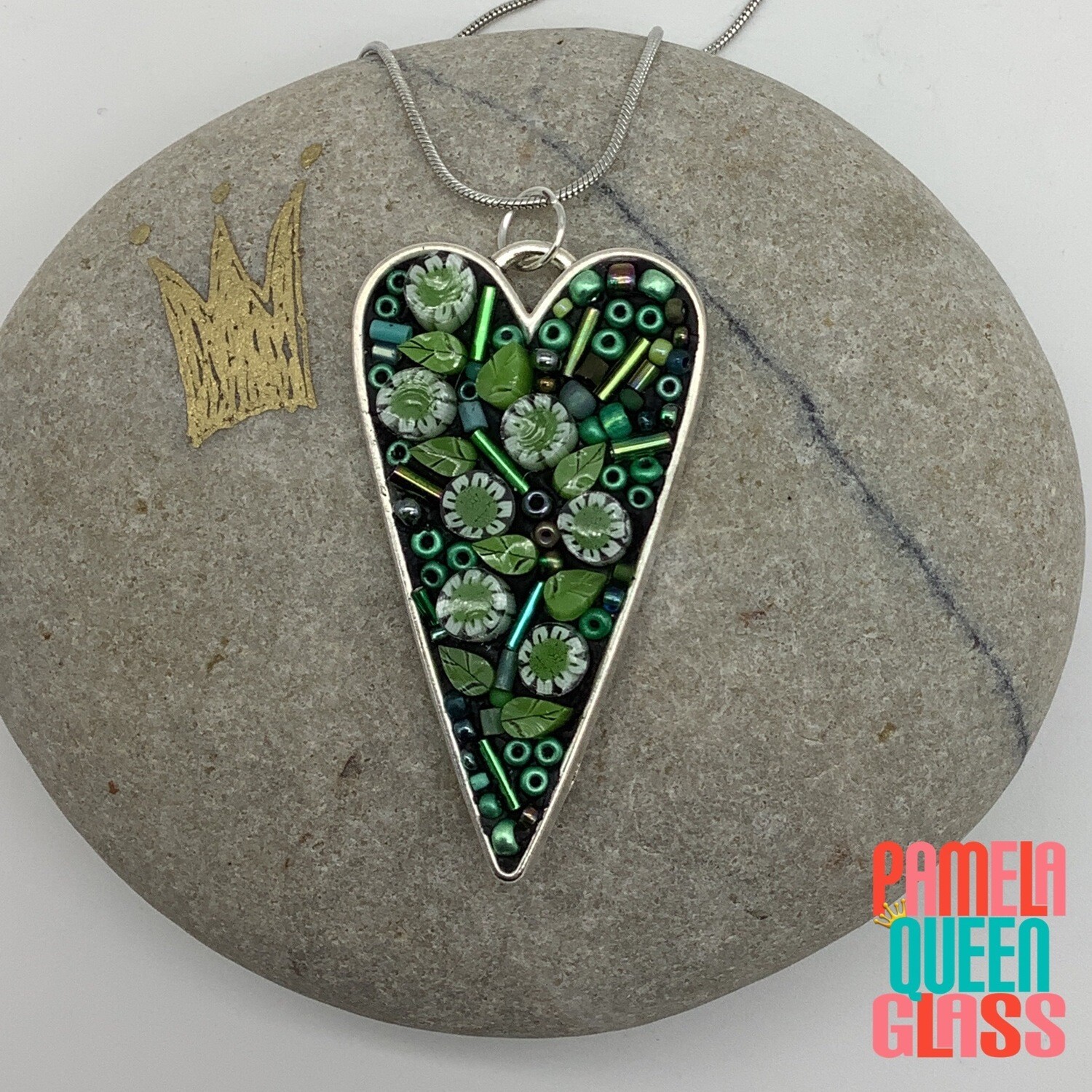 Green White Flowers Heart Mini Micro Mosaic Fused Glass Pendant