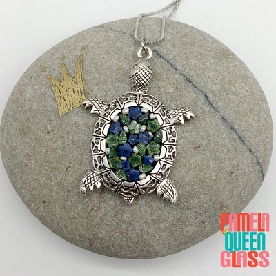 Blue Green Flowers Turtle Mini Micro Mosaic Fused Glass Pendant