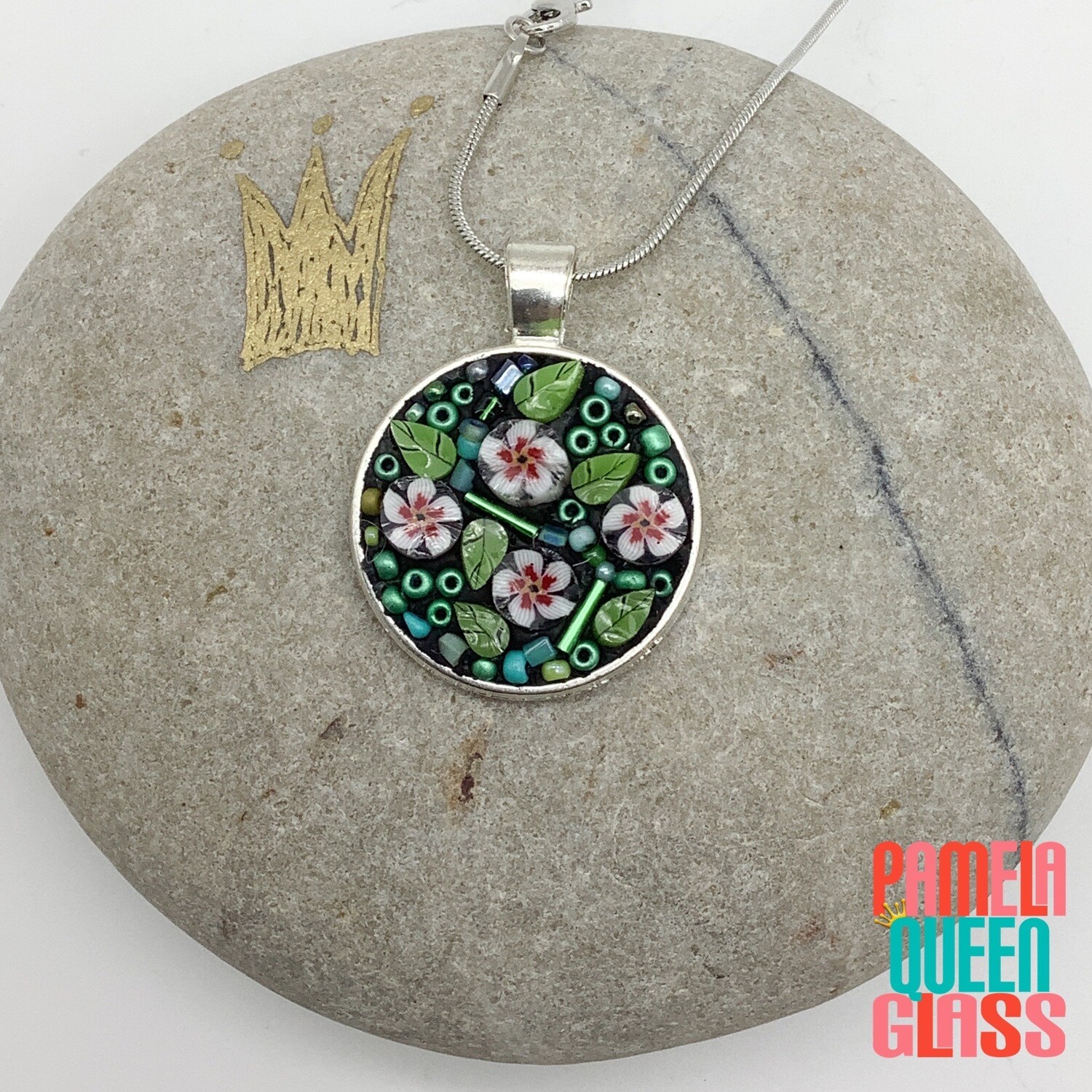 Pink Blossoms Mini Micro Mosaic Fused Glass Pendant