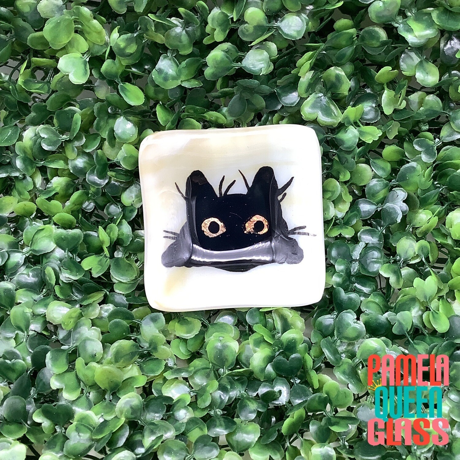 Curious Black Kitty Cat  Hand Painted Fused Glass Ring Dish