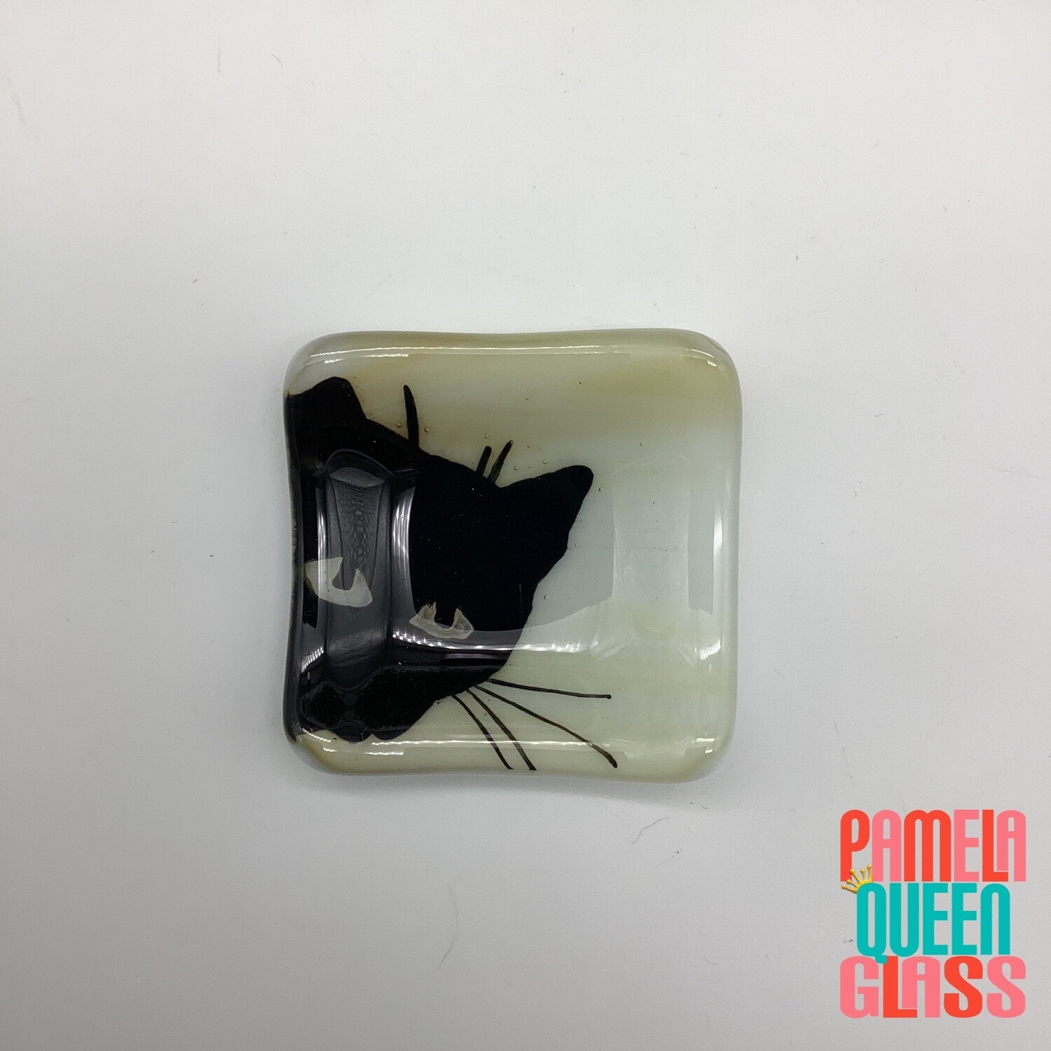 Black Kitty at the Corner Hand Painted Fused Glass Ring Dish