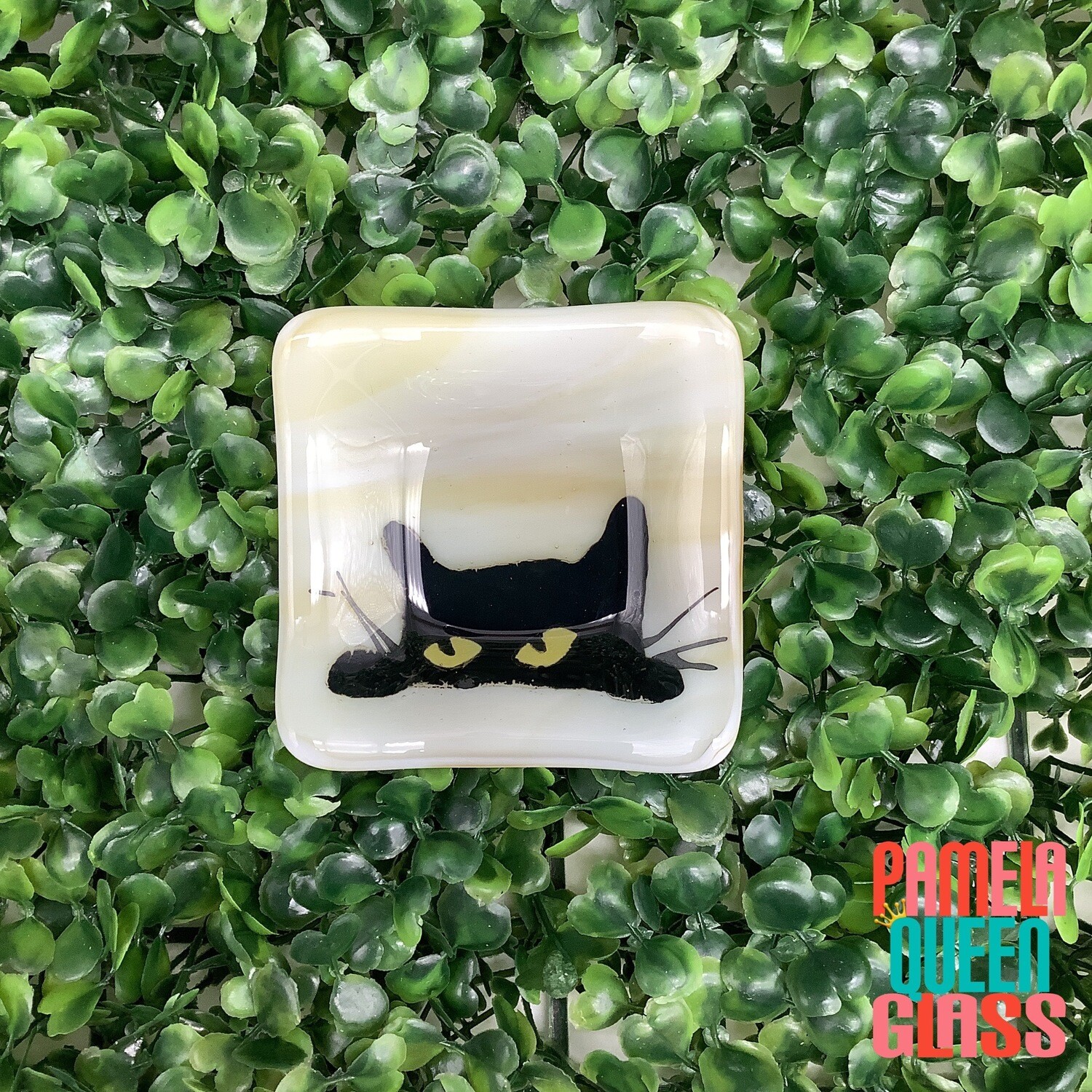 Black Kitty Cat Peek-a-boo Hand Painted Fused Glass Ring Dish