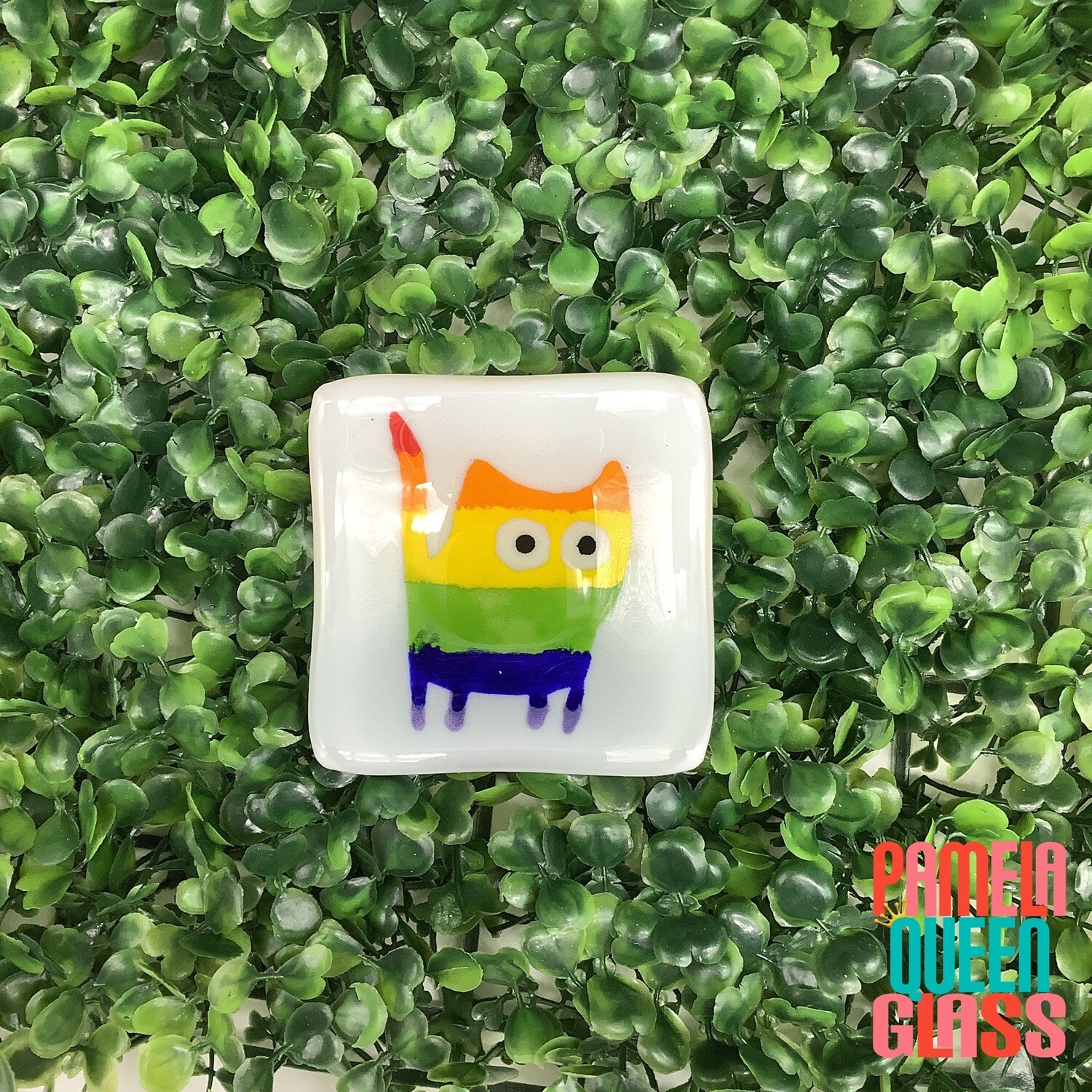 Rainbow Kitty Cat Hand Painted Fused Glass Ring Dish