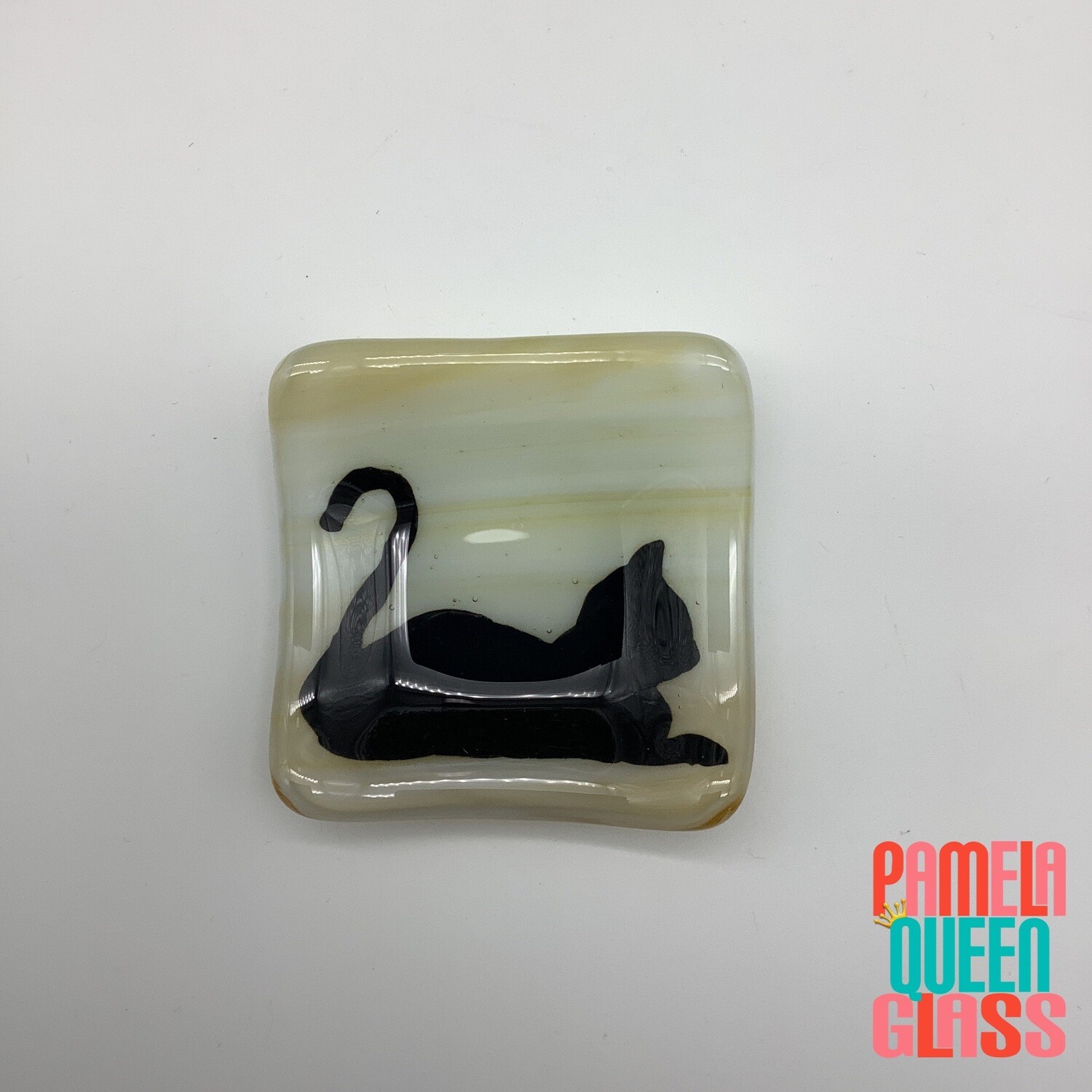 Black Kitty Cat Silhouette Hand Painted Fused Glass Ring Dish