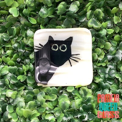 Black Kitty Cat Hand Painted Fused Glass Ring Dish