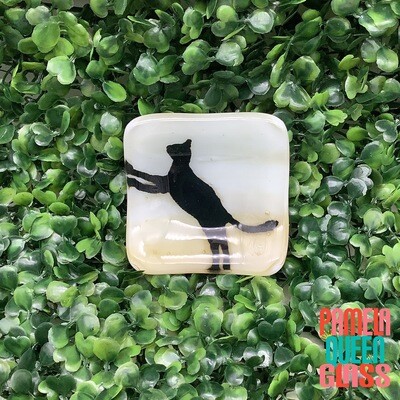 Black Kitty Cat Standing Hand Painted Fused Glass Ring Dish