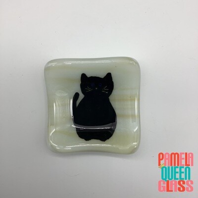Blue Eyed Patient Kitty Cat Hand Painted Fused Glass Ring Dish