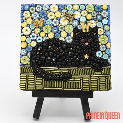 Black Cat Mosaic - Mixed Media Glass and Yellow Blue Flowers Clay on Canvas Handmade Glass Art with Easel