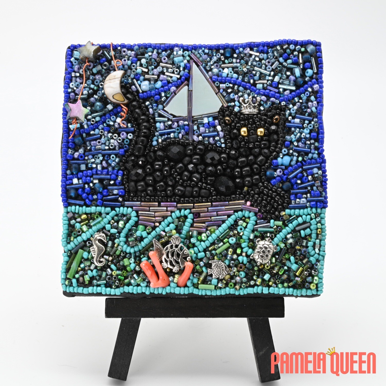 Pepper the Black Cat Sailing the Sea - Mixed Media Glass Beads on Canvas Handmade Glass Art with Easel