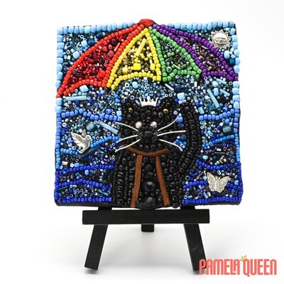 Adventure Kitty - Black Cat Rainbow Umbrella Mixed Media Glass Beads on Canvas Handmade Glass Art with Easel