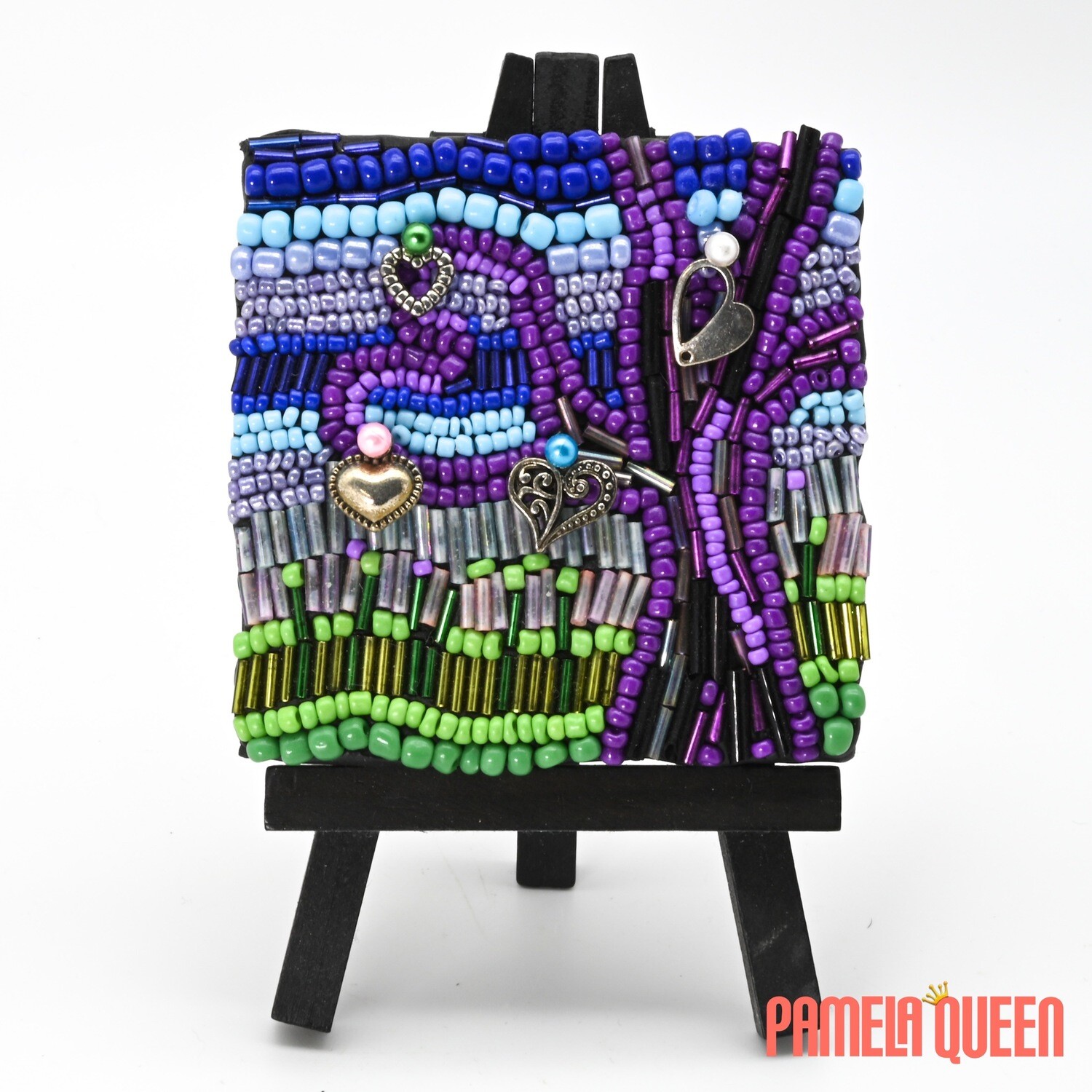 The Purple Giving Tree Hearts to Pick Mixed Media Mosaic Glass. Beads, and Clay on Canvas Handmade Glass Art with Easel