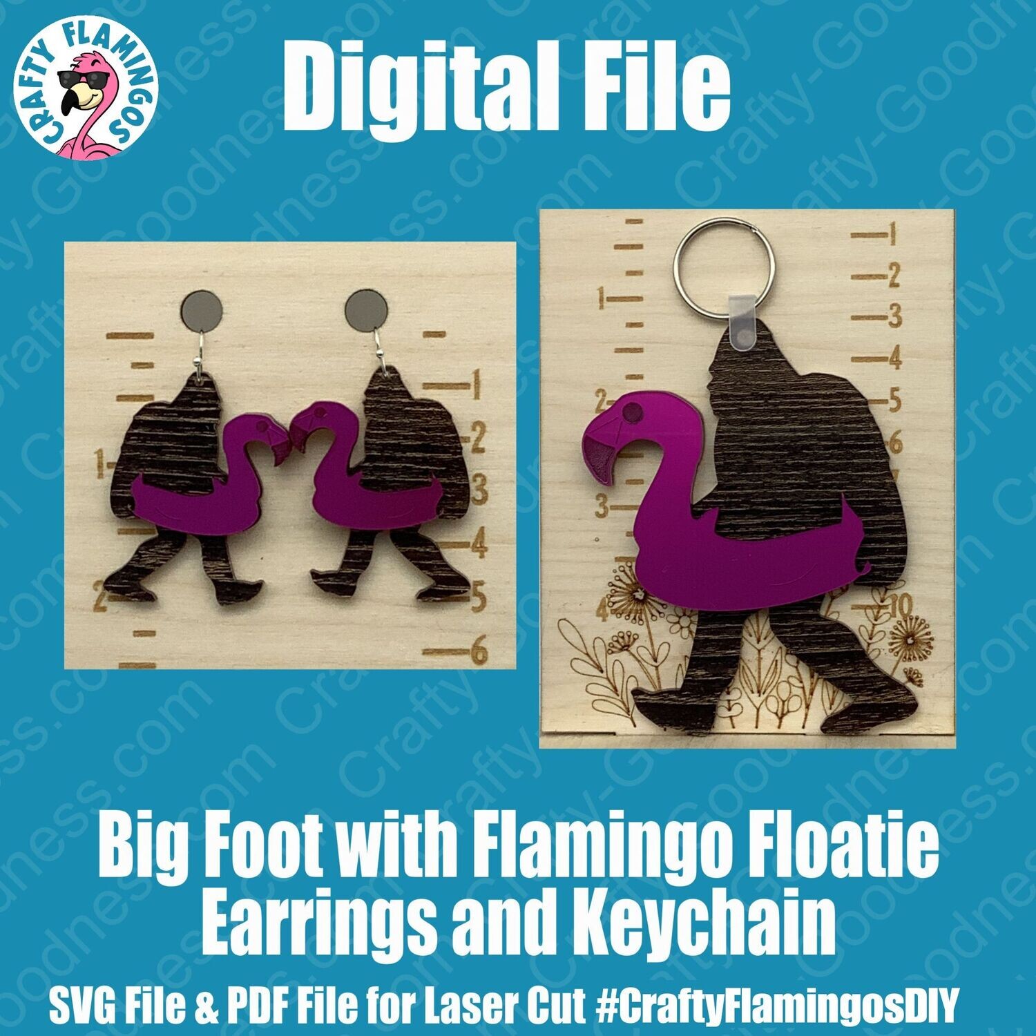 Bigfoot Sasquatch with Flamingo Floatie Earrings & Keychain - SVG Glowforge Cut File Digital Download PDF