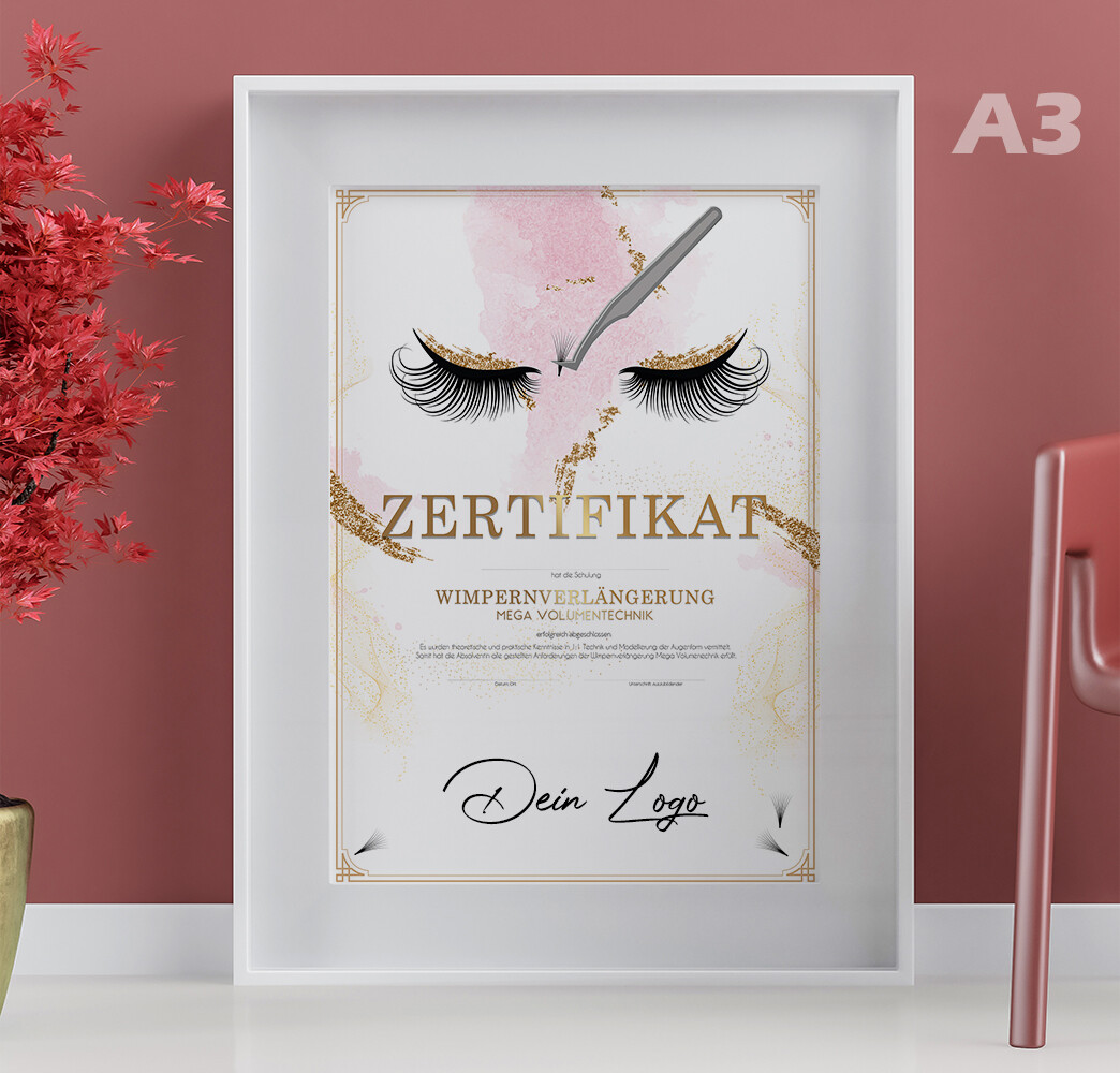 Zertifikat DIN A3 - Wimpernverlängerung Mega Volumentechnik