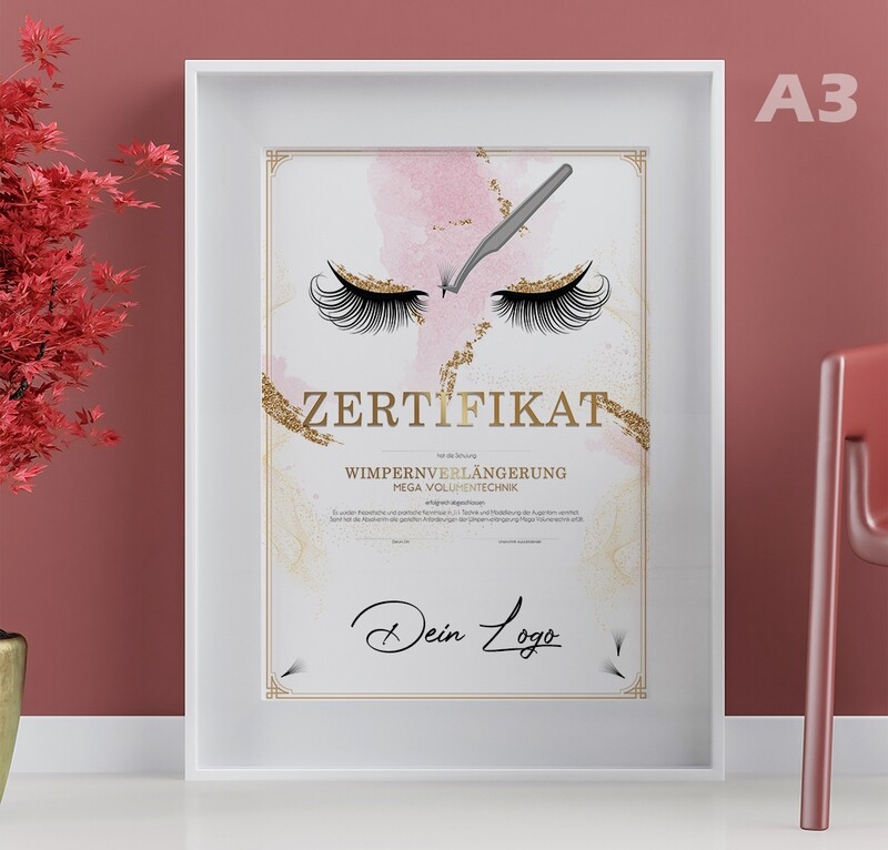 Zertifikat DIN A3 - Wimpernverlängerung Mega Volumentechnik
