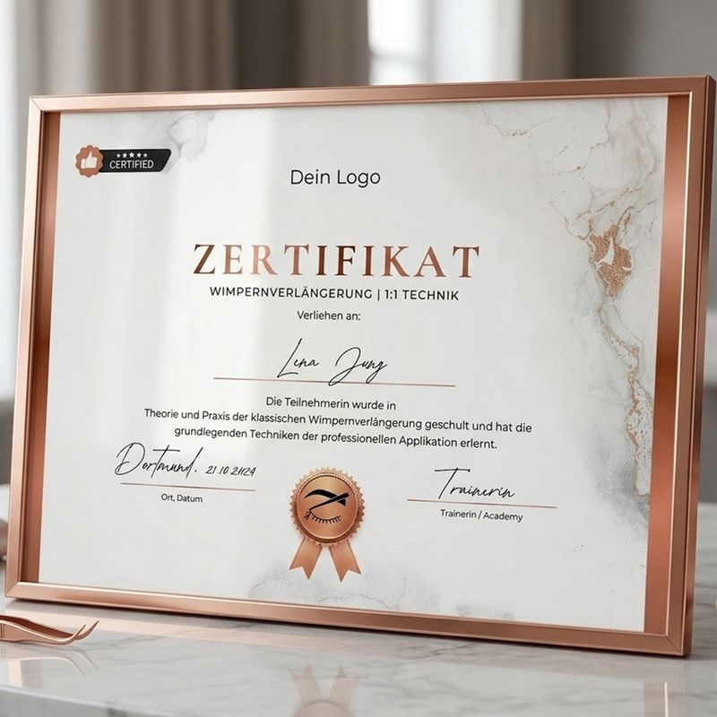 Zertifikat Vorlage | Wimpernverlängerung 1:1 Technik | mit Kupferakzenten und Zertifikat-Siegel
