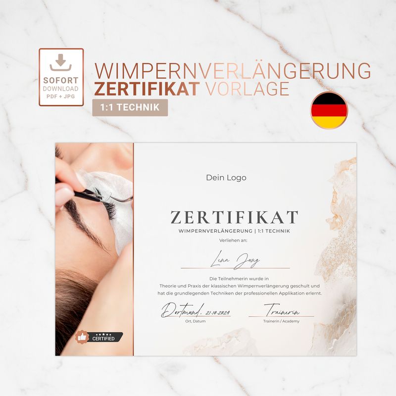 Zertifikat Vorlage |  Wimpernverlängerung 1:1 Technik | mit Foto