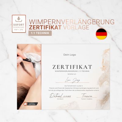 Zertifikat Vorlage | Wimpernverlängerung 1:1 Technik | mit Foto Zertifikat Vorlage | Wimpernverlängerung 1:1 Technik | mit Foto