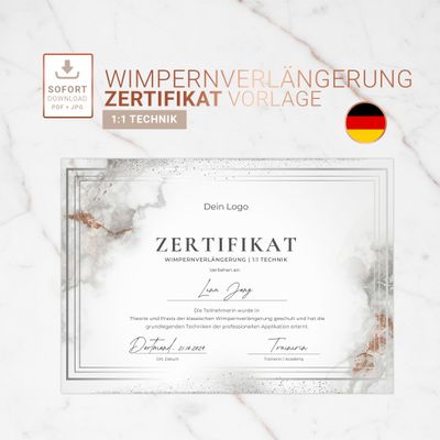 Zertifikat Vorlage |  Wimpernverlängerung 1:1 Technik | Silber Design