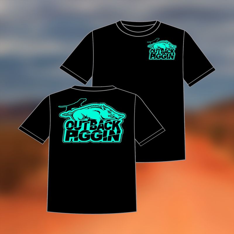 Outback Piggin Tee Adults- Black with Teal