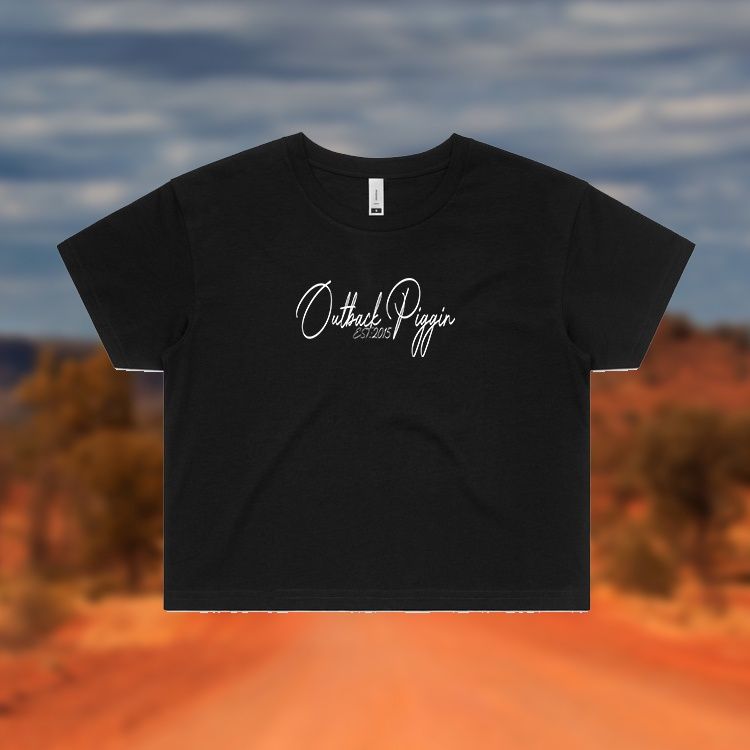 Outback Piggin Womens Crop Tee, Colour: Black, Size: XS