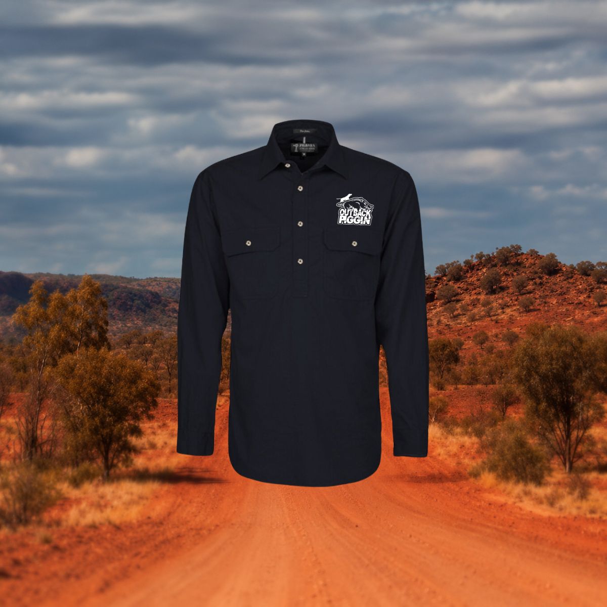 Outback Piggin Mens 1/4 button workshirt-Piggin Logo, Colour: Black, Size: XS