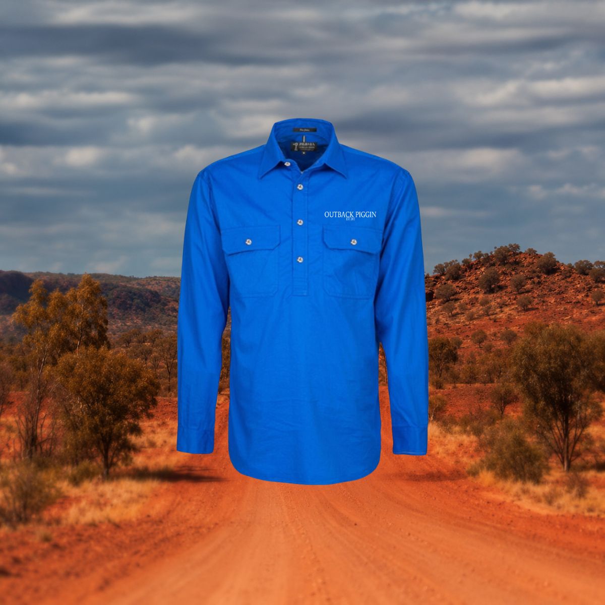 Outback Piggin Mens 1/4 button shirt-EST logo